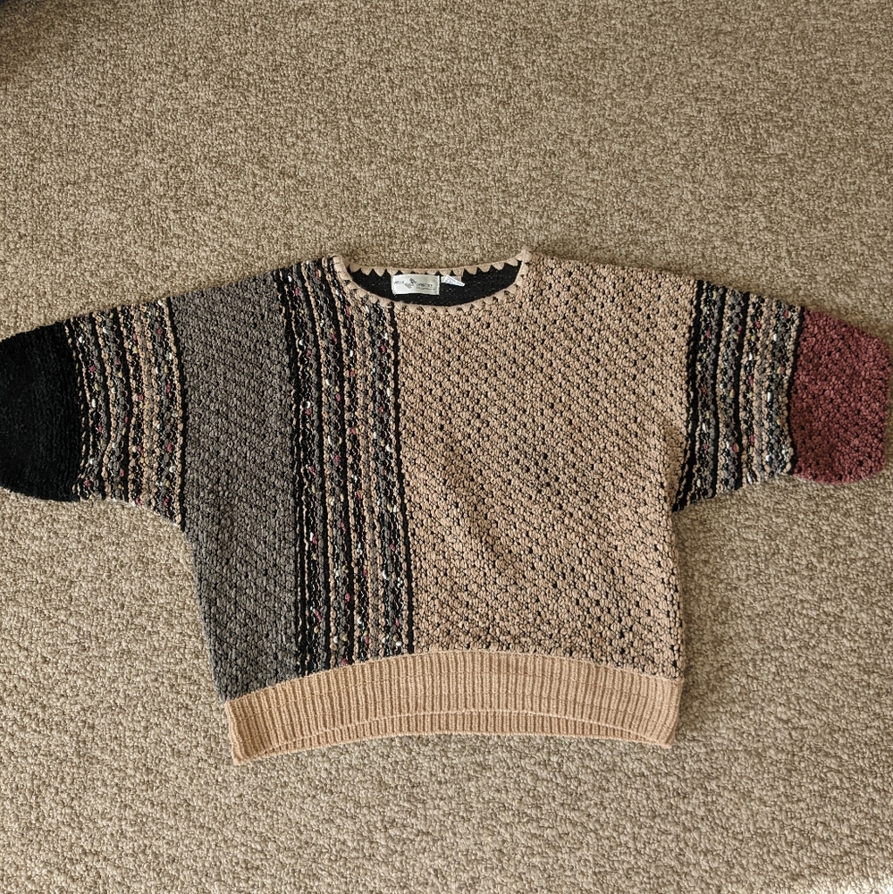 Vintage‎ Chenille Striped Sweater Loop Knit Short Sleeve Size L